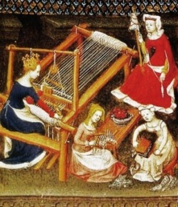 Women Carding, Combing and Weaving Wool (detail). Boccaccio. Le Livre des cléres et nobles femmes. MS Fr. 12420, fol. 71; French 1403. Bibliotèque Nationale, Paris.
